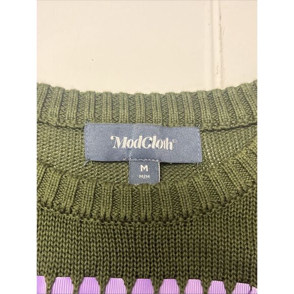 ModCloth Olive Green Knit Puff Short Sleeve Sweater Light Purple Ribbon- Medium - Picture 11 of 13
